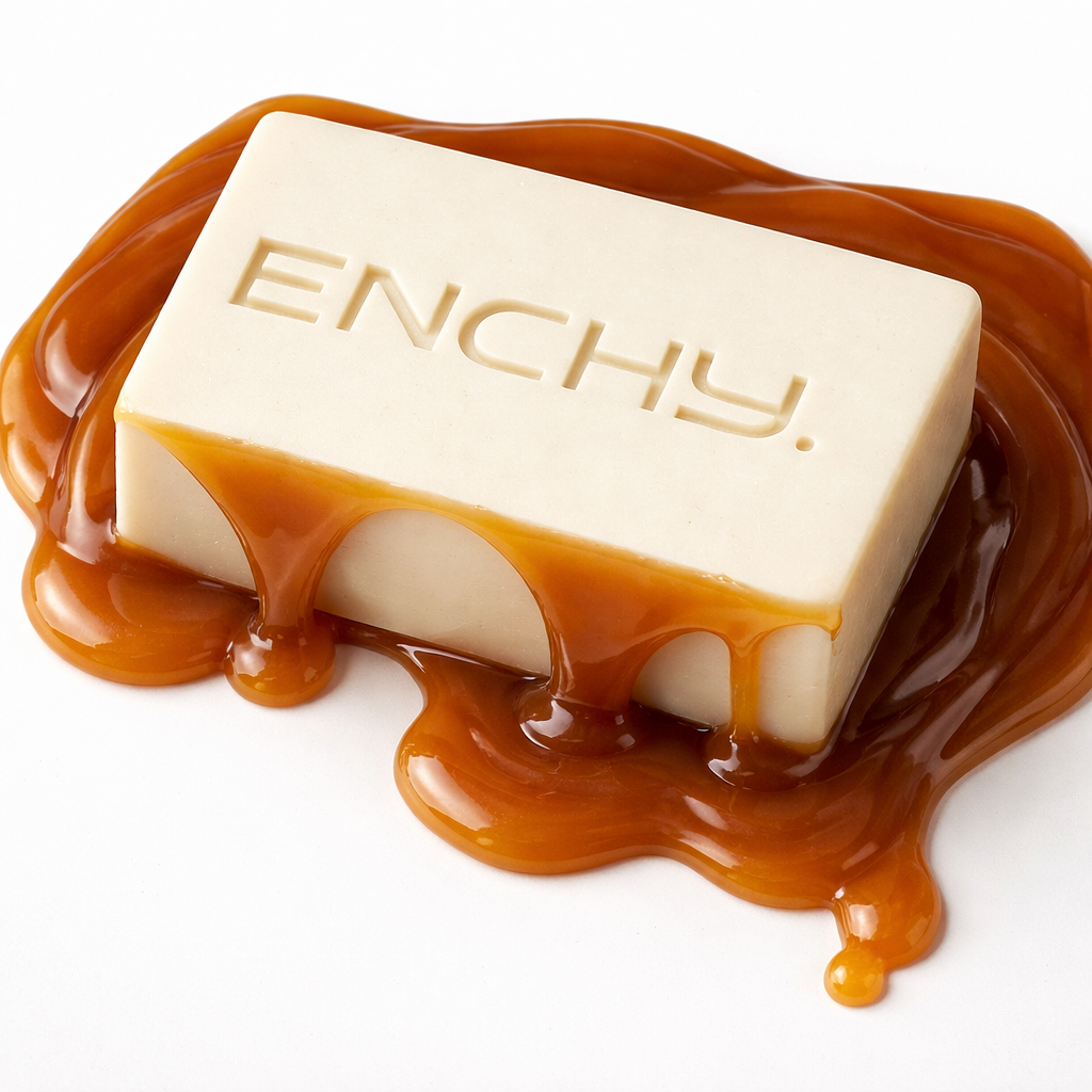 Bar of soap with 'ENCHY' branding surrounded by caramel on a white background