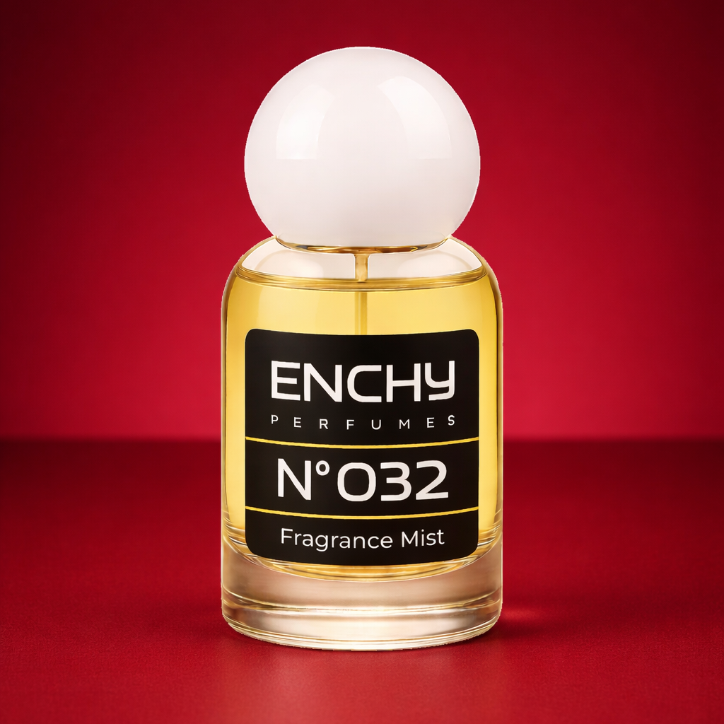 Enchy Perfumes N×032 fragrance mist bottle on a red background