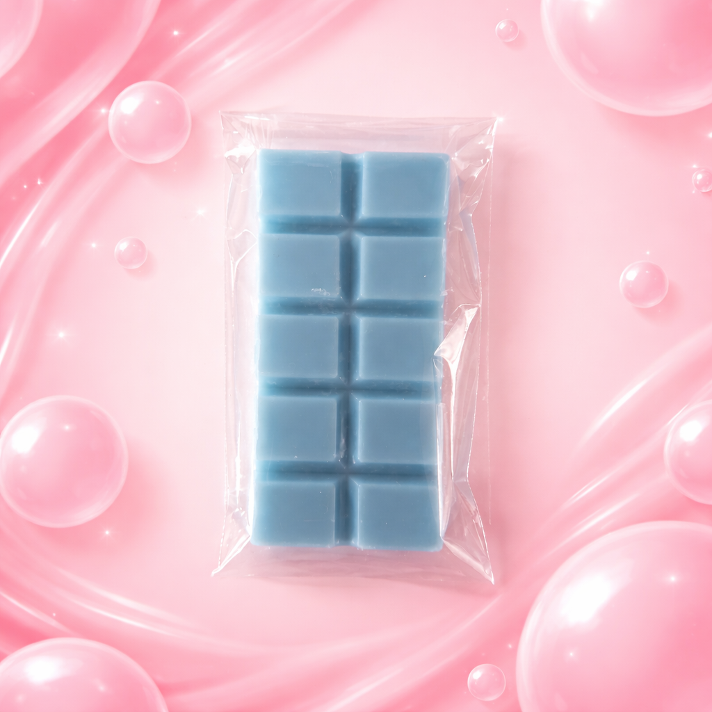 Packaged blue wax melts on a pink bubble background