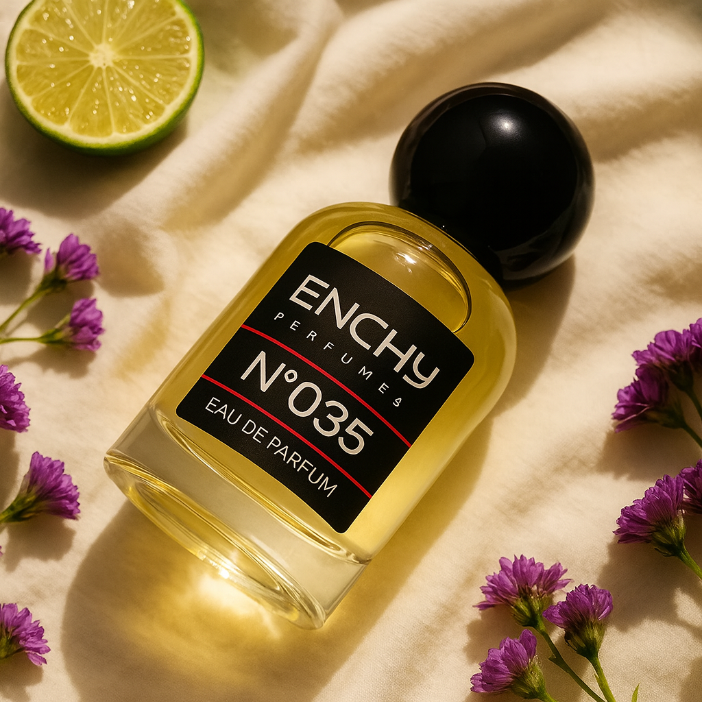 ENCHY Perfumes bottle No.035 with a lime and flowers on a light fabric background