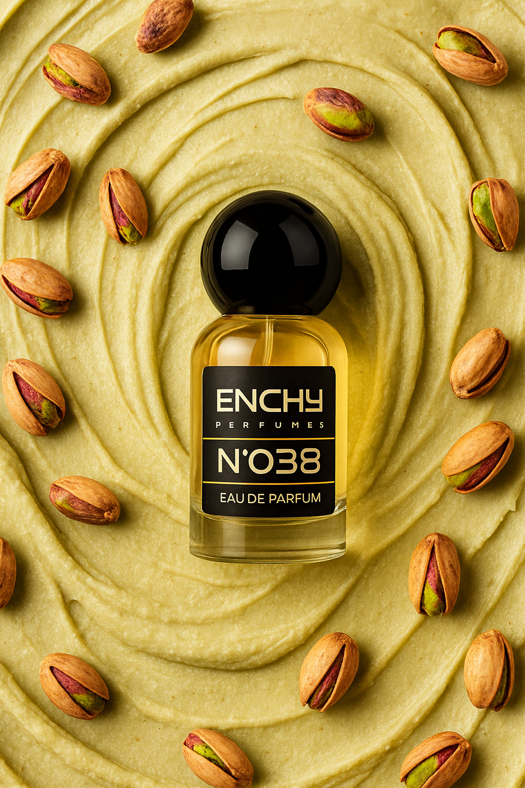 Enchy Perfumes N°038 perfume bottle surrounded by pistachios on a green background