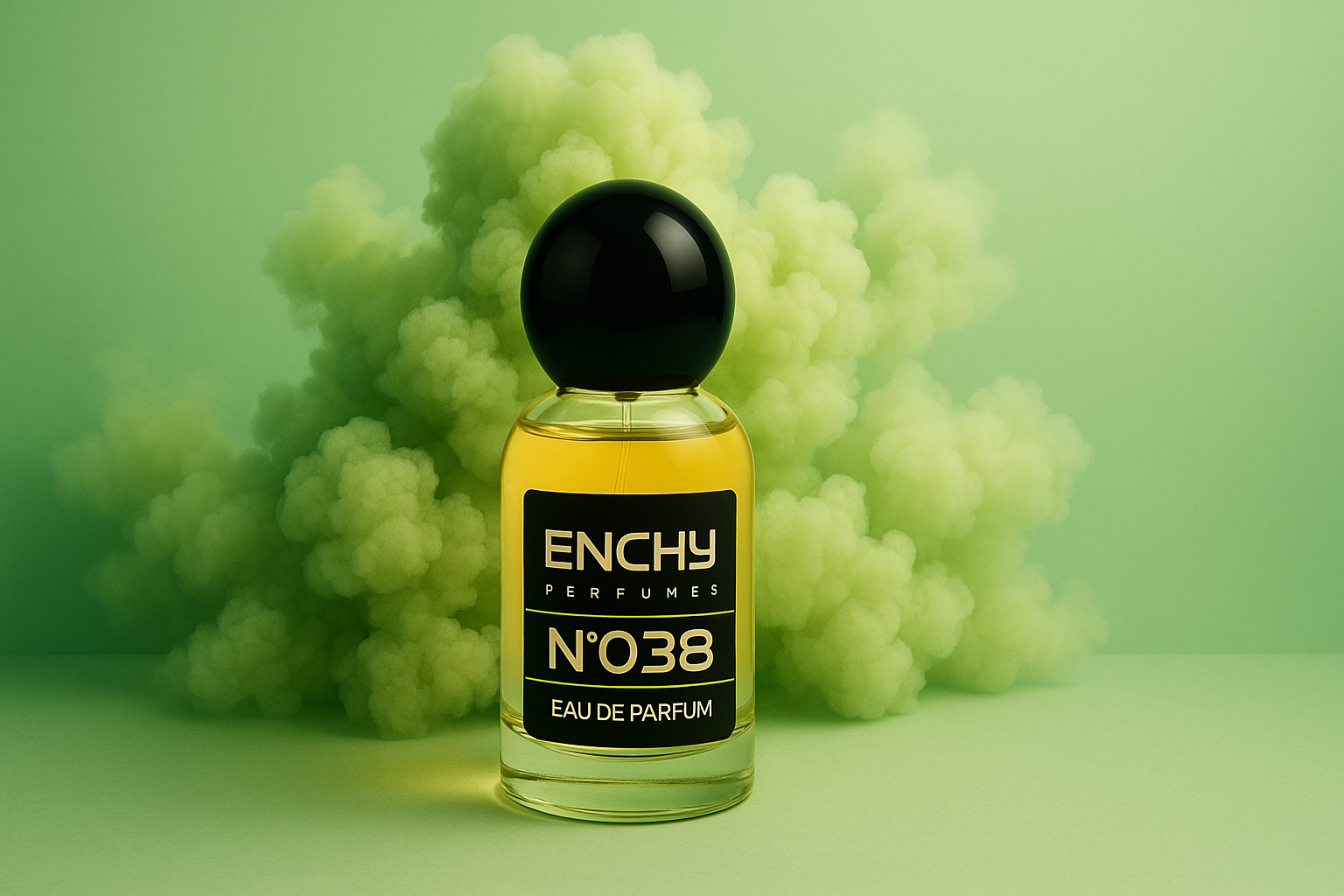 Enchy perfume bottle with a black cap on a green background