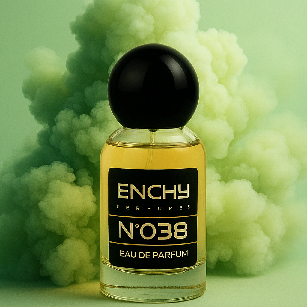 Enchy perfume bottle with smoke effect on a green background