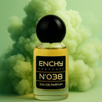 Enchy perfume bottle with smoke effect on a green background