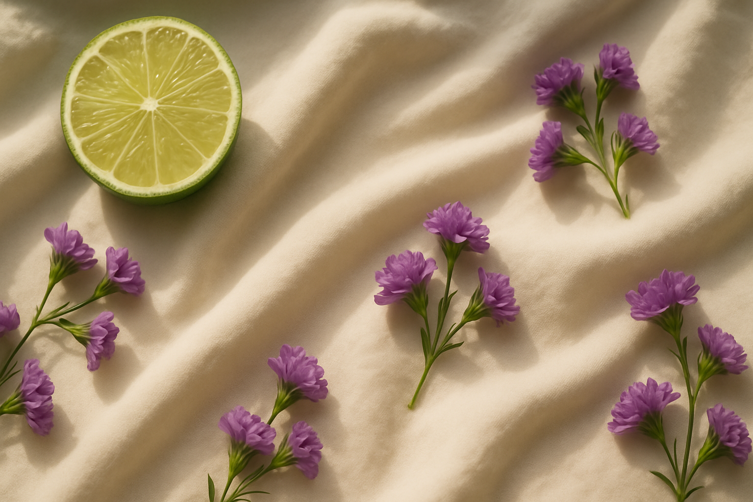 Half a lime and purple flowers on a beige fabric background