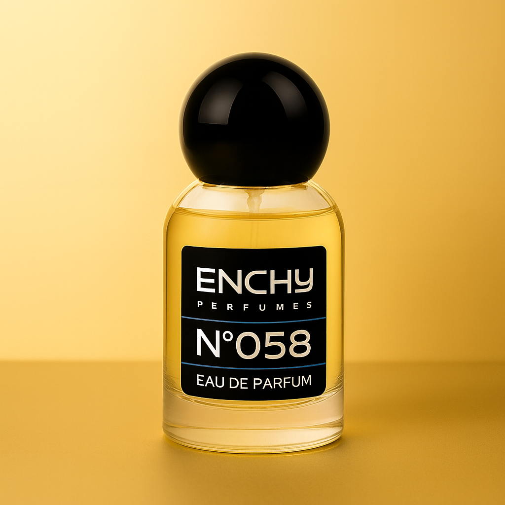 Perfume bottle labeled 'ENCHY PERFUMES NØ058' on a yellow background