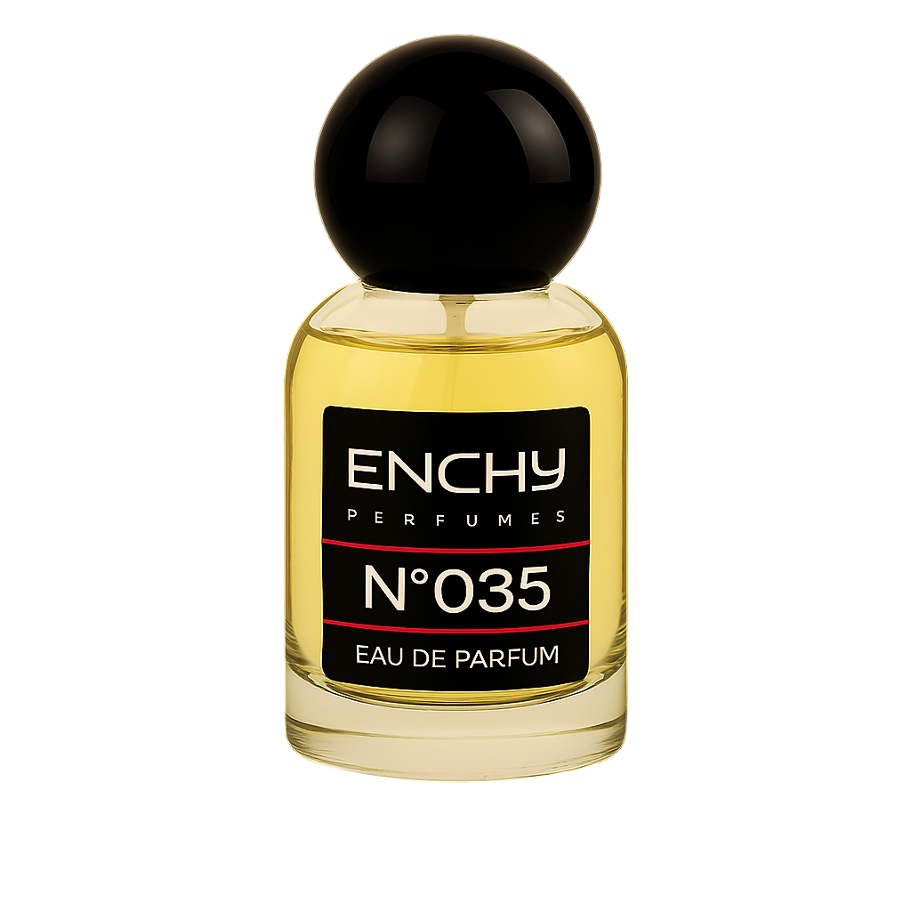 Perfume bottle with black cap and 'ENCHY' label on a white background