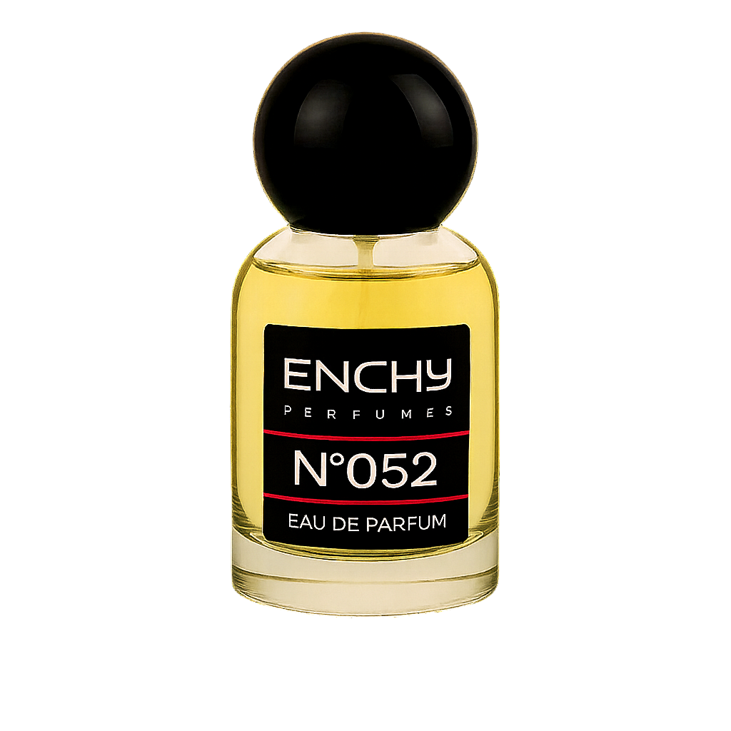 Perfume bottle with black cap and 'Enchy' label on a white background