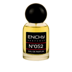 Perfume bottle with black cap and 'Enchy' label on a white background
