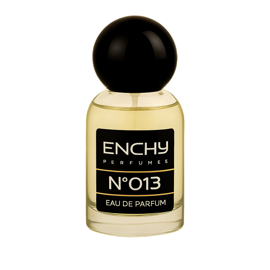 Perfume bottle with black cap and label on a white background
