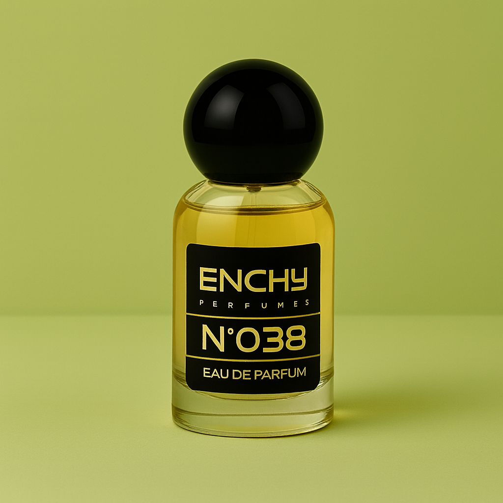 Perfume bottle labeled 'ENCHY PERFUMES NÓ 038' on a green background enchy pistachio cloud