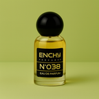 Perfume bottle labeled 'ENCHY PERFUMES NÓ 038' on a green background enchy pistachio cloud