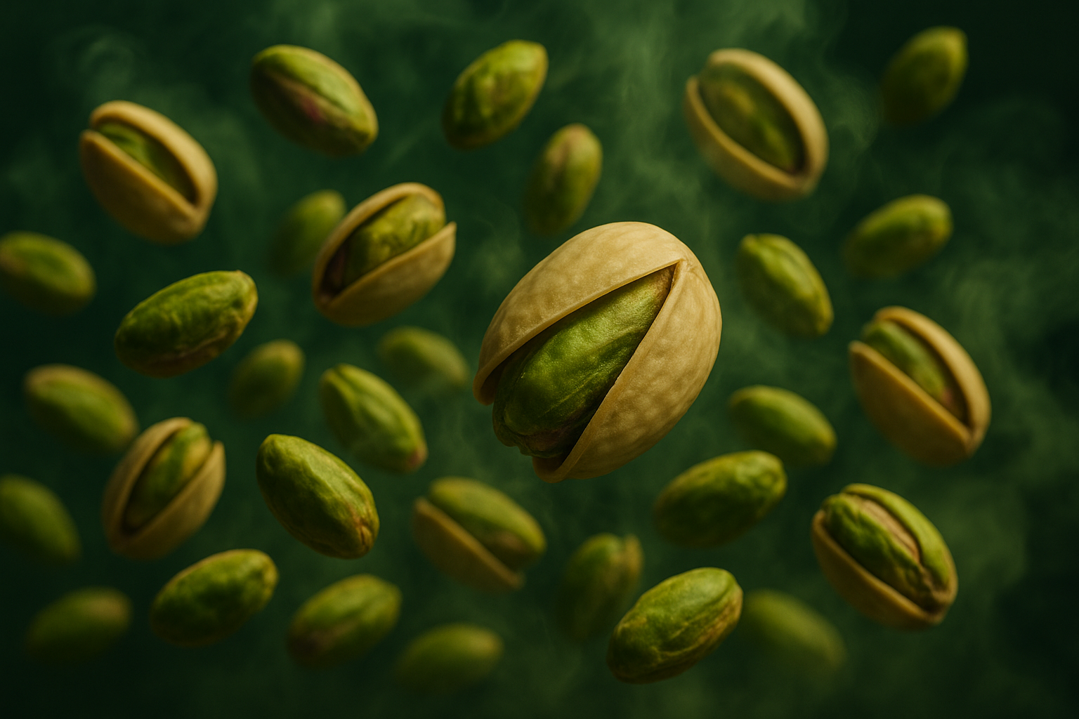 Pistachios on a dark green background