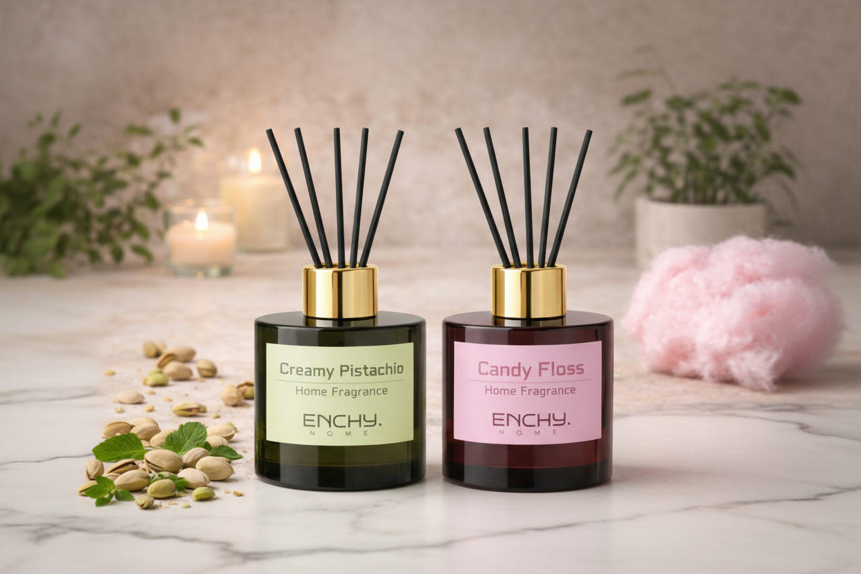 Two ENCHY home fragrance diffusers on a wooden surface with pistachios and candy floss.