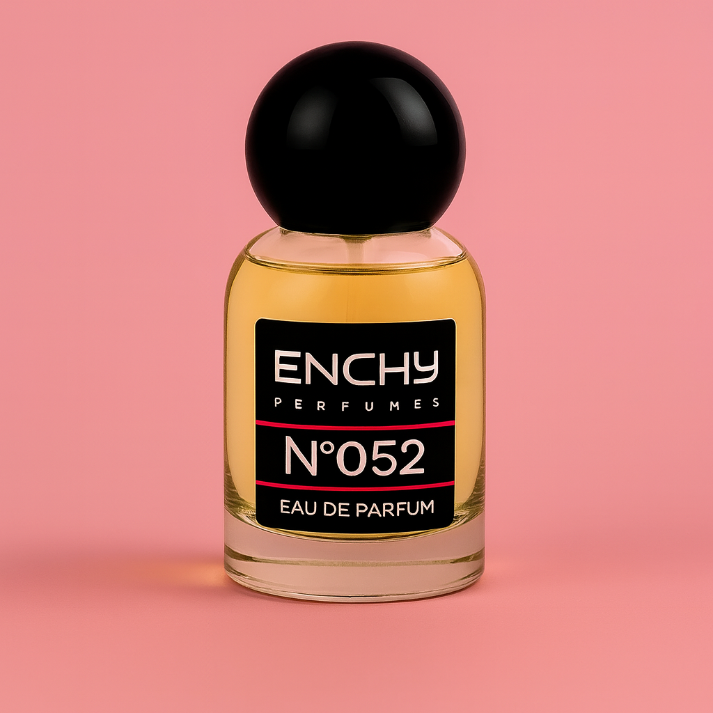 Enchy Perfumes NÓ 052 Eau de Parfum bottle on a pink background Rose Crème Absolu enchy perfume