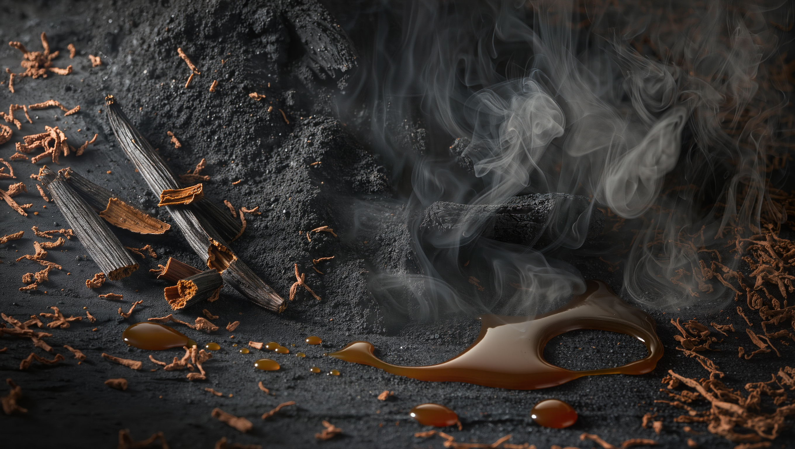 Smoking pipe with tobacco leaves and ash on a dark surface