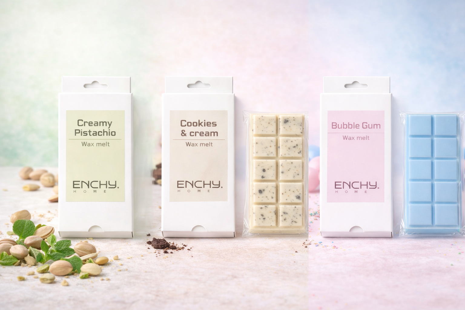 ENCHY wax melts in various flavors with packaging on a light background