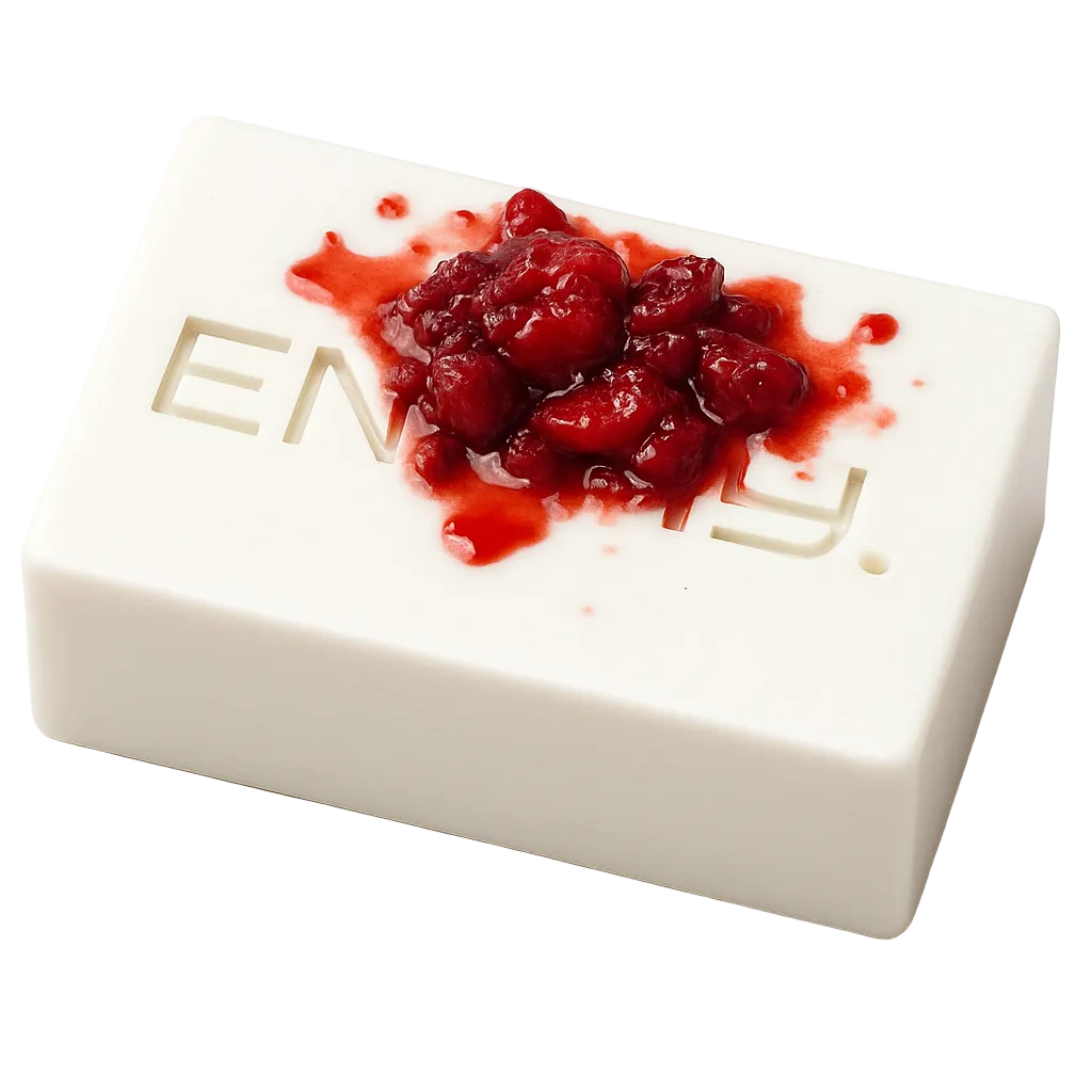 White dessert with red fruit topping on a white background