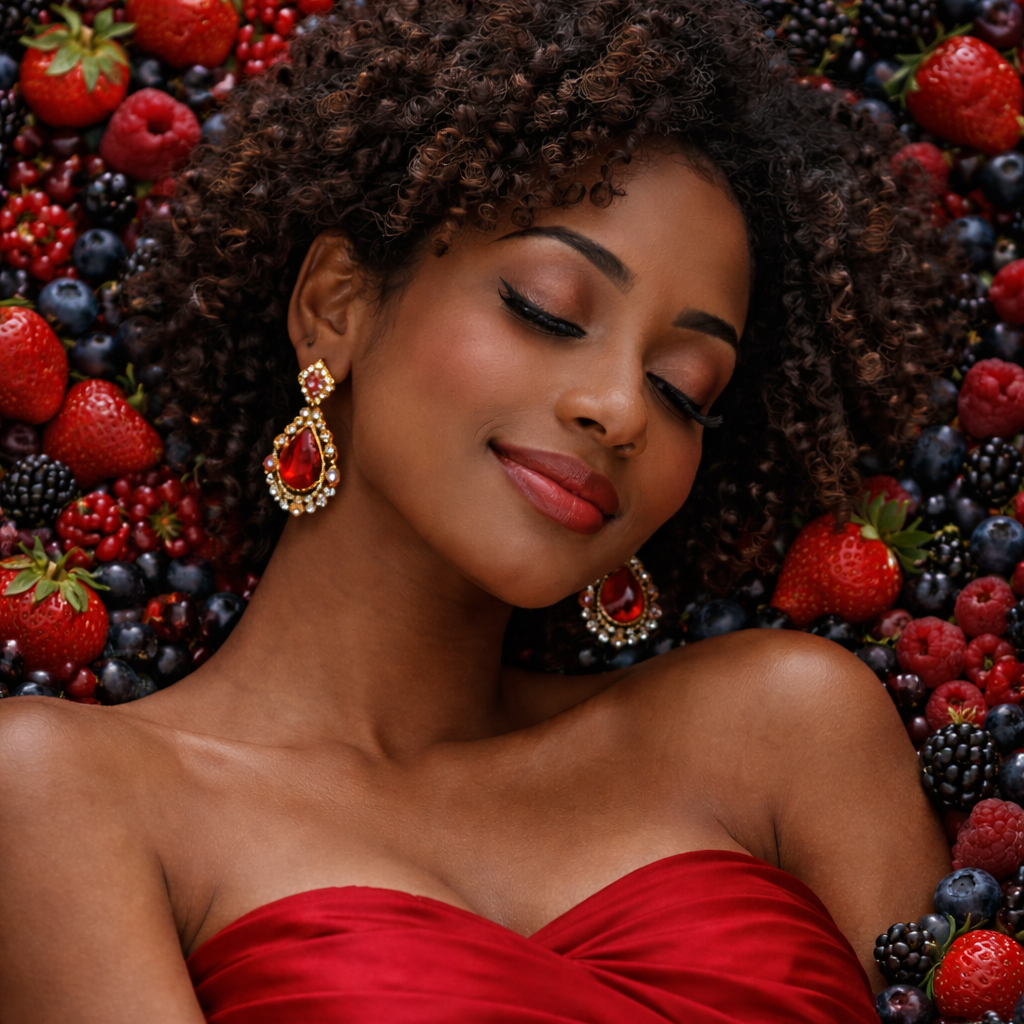 Woman in a red dress surrounded by berries
