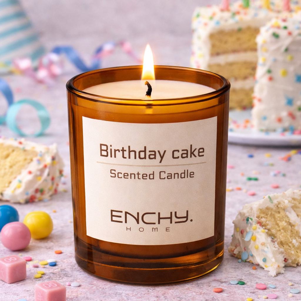 Scented candle labeled 'Birthday Cake' by Enchy Home with a birthday cake in the background.