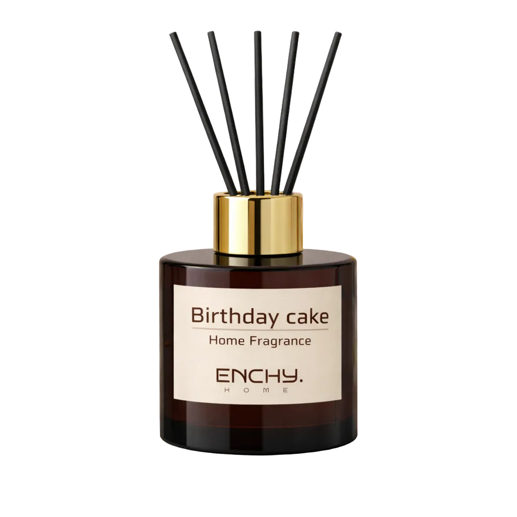 Home fragrance diffuser labeled 'Birthday Cake' by Enchy 