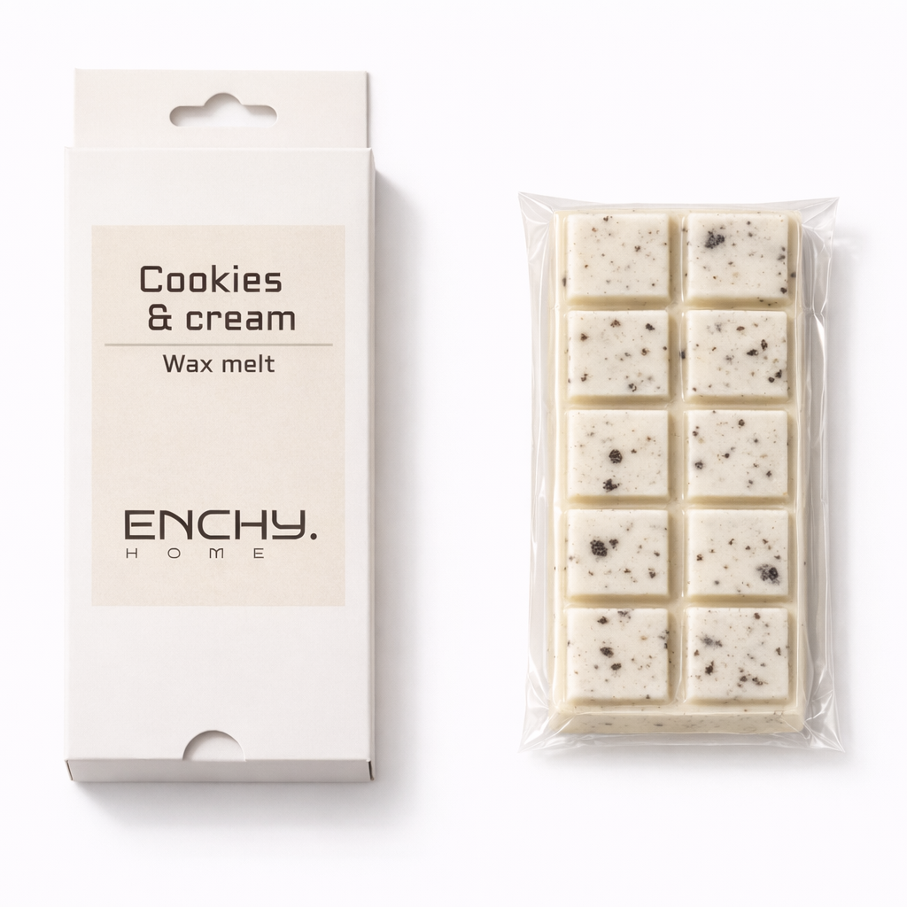 Cookies & cream wax melt packaging with 'Enchy Home' branding on a white background