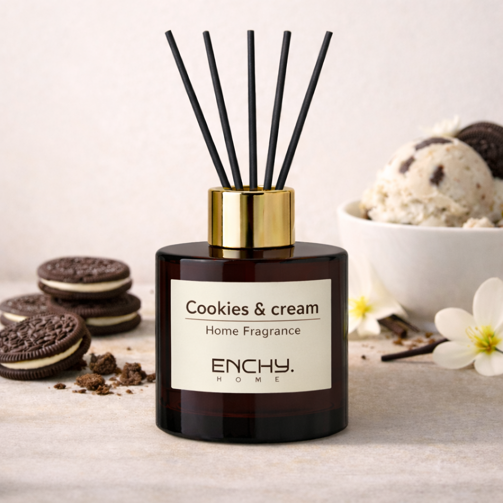 Cookies & Cream home fragrance diffuser with cookies and ice cream in the background