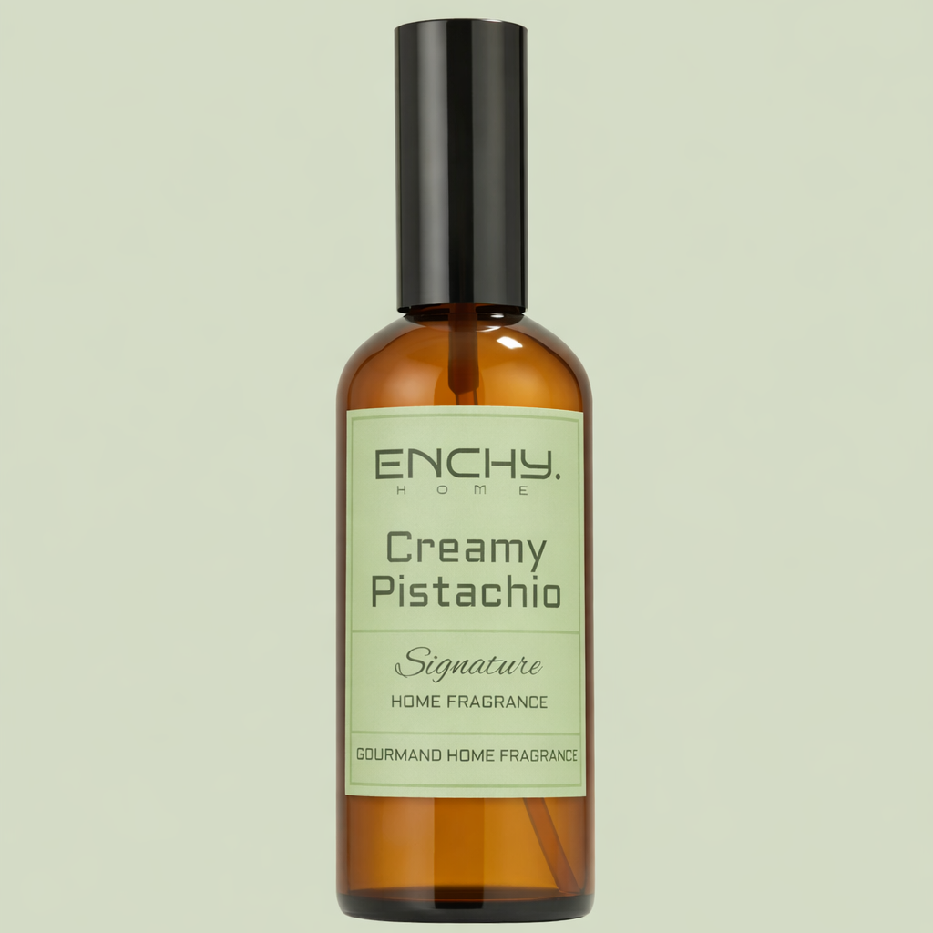 Brown bottle of Enchy Creamy Pistachio home fragrance on a light green background