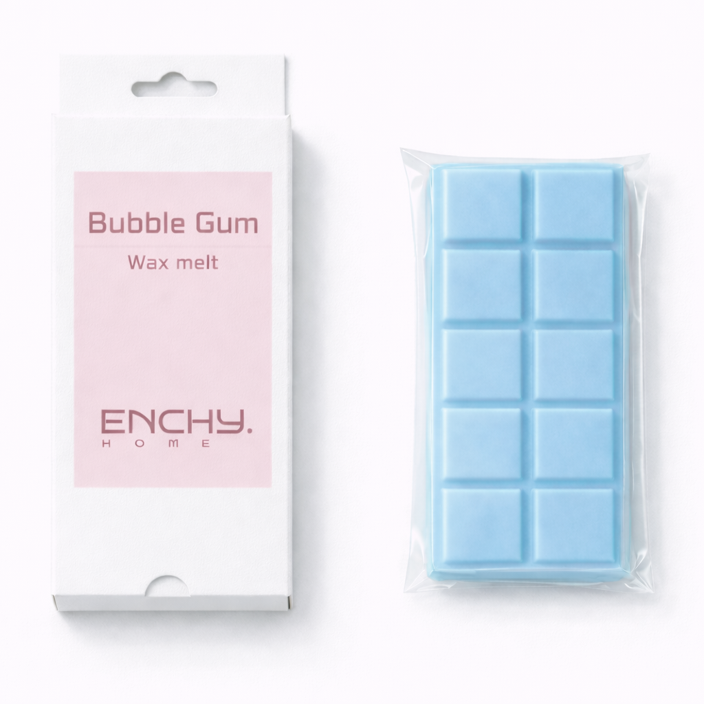 Blue wax melt with packaging labeled 'Bubble Gum Wax Melt' by Enchy Home on a white background