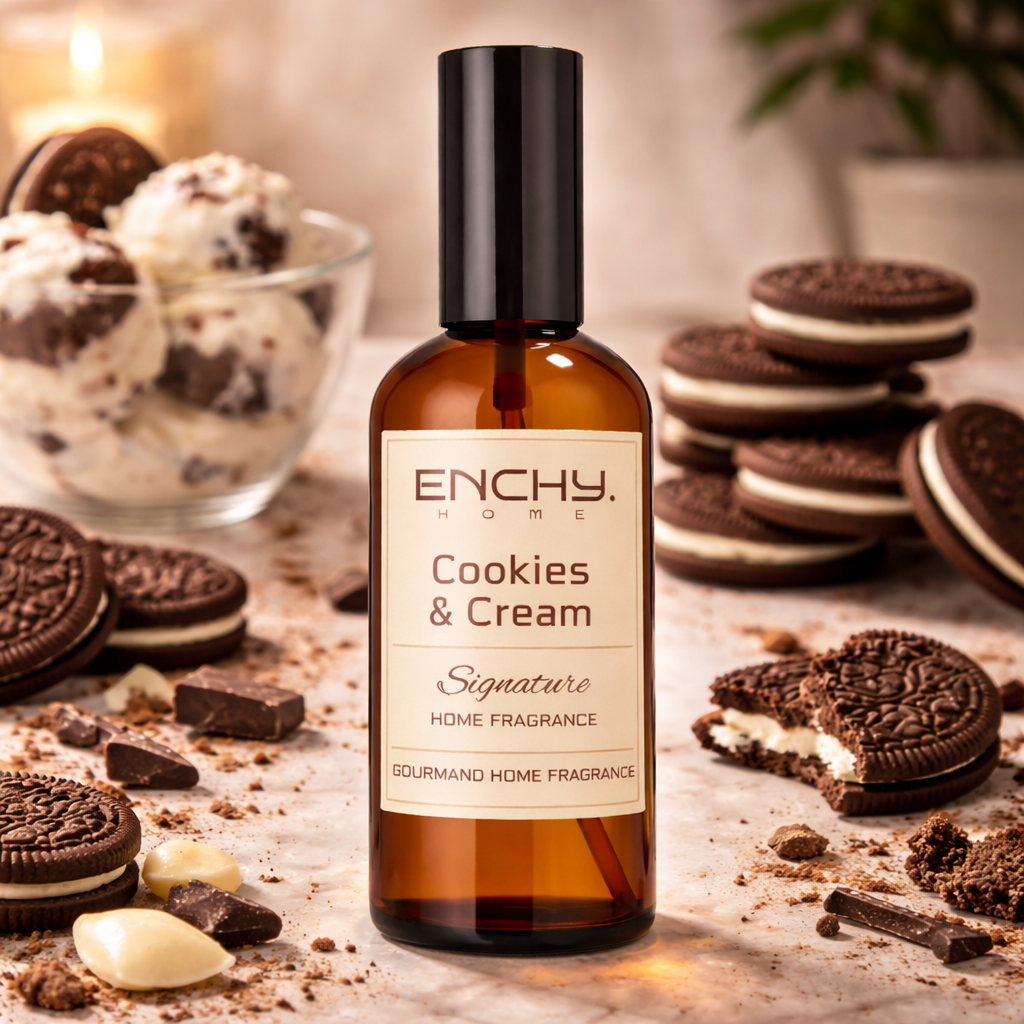 Enchy Cookies & Cream home fragrance bottle with cookies and cream ice cream in the background