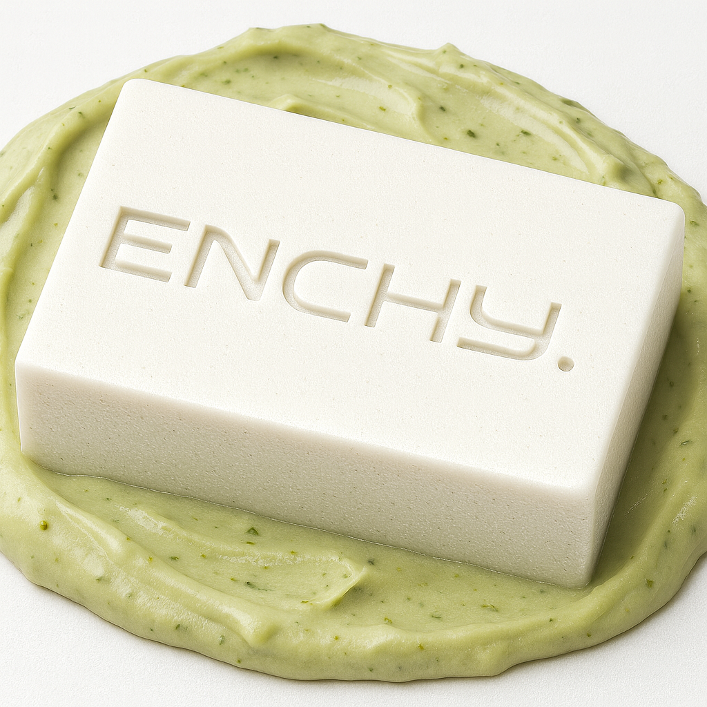 Bar of soap with 'ENCHY' branding on a green slurry background