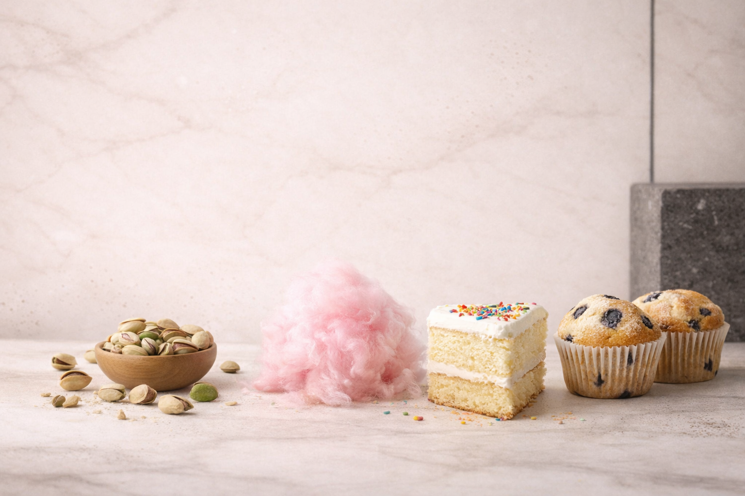 Bowl of nuts, cotton candy, slice of cake, and muffins on a light surface with a neutral background