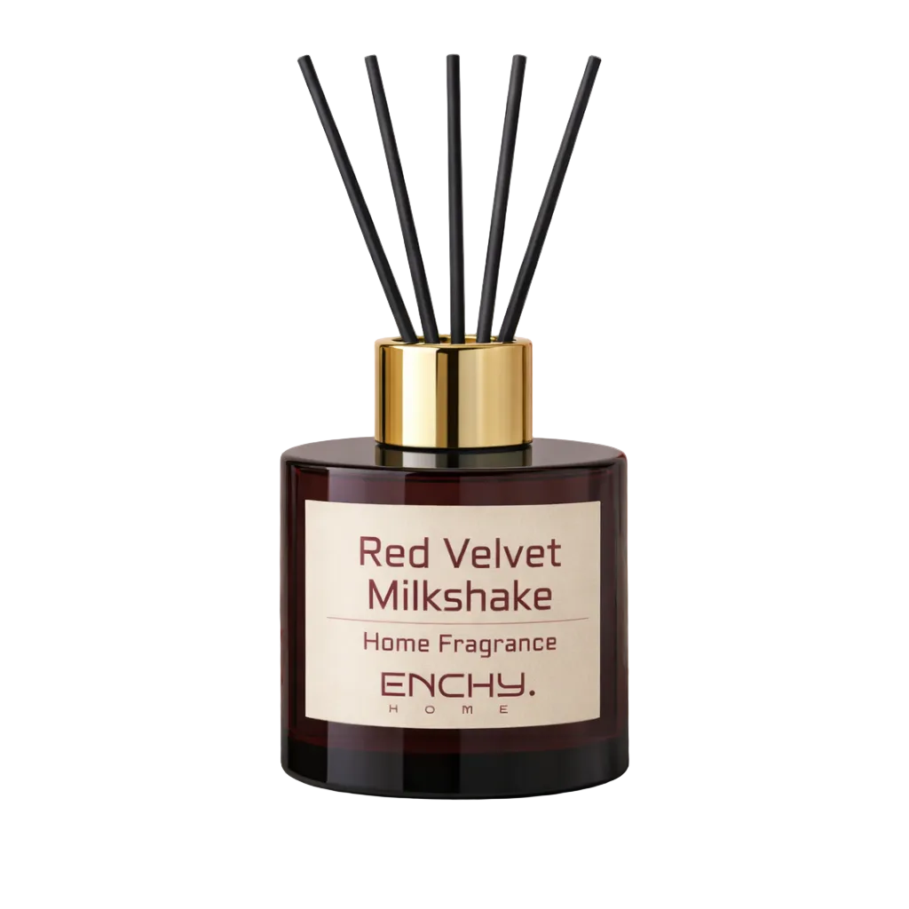 Home fragrance diffuser labeled 'Red Velvet Milkshake' by Enchy 